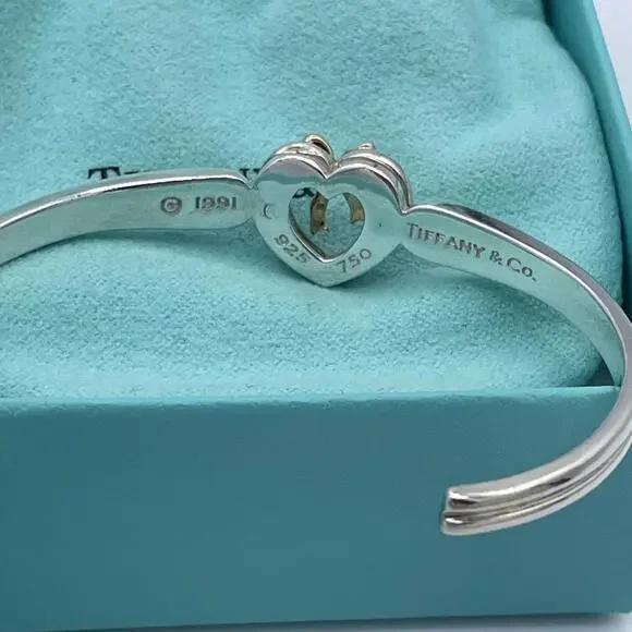 Tiffany & Co Sterling Silver and 18K Yellow Gold Heart Bow Ribbon Cuff Bracelet